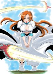 Rule 34 | 1girl, absurdres, bleach, breasts, dress, highres, inoue orihime, large breasts, long hair, outdoors, red hair, solo, tagme, white dress