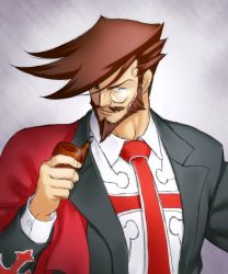 Rule 34 | 1boy, beard, brown hair, collared shirt, cross, facial hair, formal, grey background, guilty gear, looking at viewer, male focus, manly, monocle, mustache, necktie, onsoku inu, smoking pipe, shirt, slayer (guilty gear), smile, solo, suit, tuxedo, upper body