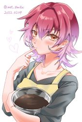 Rule 34 | 1girl, apron, black shirt, blush, bowl, chocolate, dated, female focus, finger in own mouth, gradient hair, hair between eyes, heart, highres, holding, holding bowl, kantai collection, kinu (kancolle), looking at viewer, mot zenzai, multicolored hair, one-hour drawing challenge, orange eyes, pink hair, red hair, shirt, short hair, simple background, solo, twitter username, upper body, white background, yellow apron