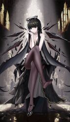 Rule 34 | 1girl, alternate costume, arknights, black dress, black eyes, black footwear, black hair, black pantyhose, blunt bangs, breasts, cleavage, closed mouth, crossed legs, detached wings, dress, energy wings, evening gown, full body, halo, hand on own cheek, hand on own face, high heels, highres, indoors, jewelry, long hair, looking at viewer, medium breasts, minuolin, necklace, pantyhose, shoes, single shoe, sitting, sleeveless, sleeveless dress, smile, solo, spotlight, very long hair, virtuosa (arknights), wings