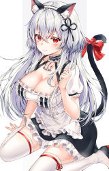 Rule 34 | 1girl, anchor choker, animal ears, azur lane, bad id, bad pixiv id, blush, breasts, cat ears, cat tail, choker, cleavage, collarbone, dress, hair between eyes, hairband, high heels, highres, lace-trimmed hairband, lace trim, large breasts, long hair, looking at viewer, mellozzo, puffy sleeves, red eyes, red ribbon, ribbon, ribbon-trimmed legwear, ribbon trim, short hair, short sleeves, sidelocks, sirius (azur lane), sitting, slit pupils, solo, tail, tail ornament, tail ribbon, thighhighs, wariza, white dress, white hair, white thighhighs