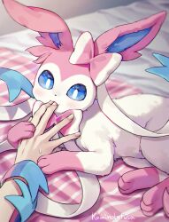 Rule 34 | 1other, :3, artist name, bed, blue eyes, blurry, blurry background, blush, bow, bright pupils, commentary request, creatures (company), fang, finger in another&#039;s mouth, fingernails, game freak, gen 6 pokemon, highres, indoors, kaminokefusa, nintendo, on bed, pokemon, pokemon (creature), pov, skin fang, sweatdrop, sylveon, white pupils