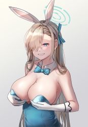 Rule 34 | 1girl, absurdres, animal ears, asuna (blue archive), asuna (bunny) (blue archive), blue archive, blue bow, blue bowtie, blue eyes, blue leotard, bow, bowtie, breast hold, breasts, cleavage, detached collar, fake animal ears, gloves, grey background, grin, hair over one eye, hair ribbon, halo, highres, holding, kosobin, leotard, light brown hair, looking at viewer, mole, mole on breast, pantyhose, playboy bunny, rabbit ears, ribbon, simple background, smile, solo, strapless, strapless leotard, teeth, traditional bowtie, white gloves