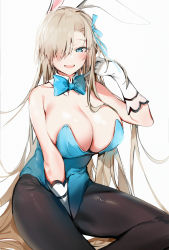 Rule 34 | 1girl, absurdres, animal ears, asuna (blue archive), asuna (bunny) (blue archive), bare shoulders, blue archive, blue eyes, blue leotard, blush, bow, bowtie, breasts, cleavage, detached collar, fake animal ears, gloves, hair over one eye, highres, large breasts, leotard, light brown hair, long hair, looking at viewer, mole, mole on breast, open mouth, pantyhose, playboy bunny, rabbit ears, silver (chenwen), sitting, smile, solo, thighs, traditional bowtie, white gloves