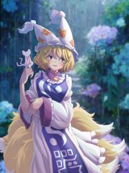 Rule 34 | 1girl, absurdres, animal ears, blonde hair, blue flower, blush, dress, flower, fox ears, fox tail, hair between eyes, hat, highres, long sleeves, mob cap, multiple tails, open mouth, purple flower, short hair, solo, tabard, tail, touhou, unfinished dream of all living ghost, white dress, white hat, wide sleeves, yakumo ran, yellow eyes, zawa (zawzawranran2)