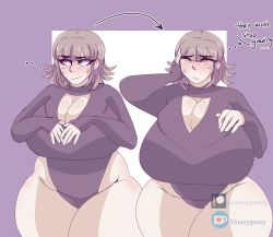 Rule 34 | 1girl, blush, bluueygooey, breast expansion, breasts, cleavage, danganronpa (series), danganronpa 2: goodbye despair, embarrassed, english text, gigantic breasts, highres, huge breasts, mole, mole on breast, nanami chiaki, plump, solo, tagme, thick thighs, thighs, wide hips