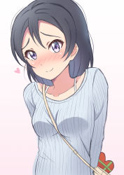 Rule 34 | 1girl, aranami shibuki, bag, between breasts, black hair, blush, bra strap, breasts, commentary request, embarrassed, gift, heart, long sleeves, love live!, love live! sunshine!!, love live! sunshine!! the school idol movie over the rainbow, medium hair, purple eyes, shoulder bag, small breasts, solo, strap between breasts, upper body, valentine, watanabe tsuki