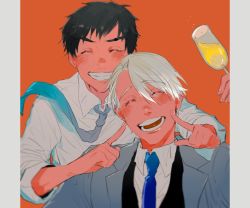 Rule 34 | 10s, 2boys, ^ ^, alcohol, bad id, bad pixiv id, black hair, blazer, champagne, champagne flute, closed eyes, cup, drinking glass, closed eyes, formal, grin, hands on another&#039;s face, jacket, katsuki yuuri, male focus, multiple boys, necktie, open mouth, rikyuu, silver hair, smile, suit, upper body, viktor nikiforov, yuri!!! on ice