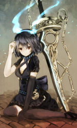 Rule 34 | 1girl, alice (sinoalice), belt, black hair, breasts, chain, cleavage, dress, elbow gloves, expressionless, frills, full body, gloves, kneeling, pale skin, puffy short sleeves, puffy sleeves, red eyes, seiza, short hair, short sleeves, sinoalice, sitting, solo, sword, thighhighs, weapon