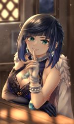 Rule 34 | 1girl, asymmetrical gloves, bare shoulders, black hair, blue hair, blunt bangs, blurry, blurry background, breasts, cleavage, commentary, dress, elbow gloves, fingerless gloves, genshin impact, gloves, gradient hair, green eyes, grin, hand up, highres, hinomoriyuu, index finger raised, indoors, large breasts, looking at viewer, mismatched gloves, multicolored hair, short hair, sleeveless, sleeveless dress, smile, solo, upper body, white gloves, yelan (genshin impact)