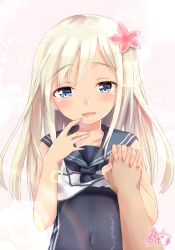 Rule 34 | 10s, 1girl, 2girls, blonde hair, blue eyes, crop top, flower, hair flower, hair ornament, holding hands, heart, heart in eye, interlocked fingers, jewelry, kantai collection, long hair, looking at viewer, maruma (maruma gic), multiple girls, one-piece swimsuit, one-piece tan, pov, pov hands, ring, ro-500 (kancolle), sailor collar, school swimsuit, solo focus, swimsuit, swimsuit under clothes, symbol in eye, tan, tanline, wedding band