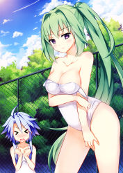 Rule 34 | &gt; &lt;, 10s, 2girls, > <, ahoge, blanc (neptunia), blue hair, blush, breast envy, breasts, chain-link fence, cleavage, cloud, collarbone, d:, day, dx, closed eyes, female focus, fence, green hair, green heart (neptunia), hair intakes, height difference, highres, kaho okashii, large breasts, long hair, multiple girls, neptune (series), nose blush, one-piece swimsuit, open mouth, outdoors, ponytail, purple eyes, red eyes, scan, school swimsuit, short hair, sidelocks, strap slip, swimsuit, teasing, undressing, vert (neptunia), very long hair, white heart (neptunia)