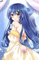 Rule 34 | 1girl, absurdres, artist name, ass, bare shoulders, blue hair, bra, brown eyes, butt crack, commentary request, cowboy shot, curly hair, curtains, date a live, dress, forehead, from behind, fur trim, gloves, hair between eyes, hair ornament, highres, indoors, itsuka shiori, lewdkuma, long hair, looking at viewer, looking back, off shoulder, open mouth, panties, pink bra, pink panties, shadow, solo, sparkle, sweatdrop, underwear, undressing, white gloves, x hair ornament, yellow dress