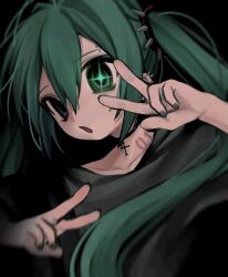 Rule 34 | + +, 1girl, alternate costume, black background, black shirt, blurry, choker, collarbone, commentary, cross, cross choker, depth of field, diffraction spikes, double w, eyebrow piercing, floating hair, green eyes, green hair, green nails, hair ornament, hands up, hatsune miku, highres, long hair, looking at viewer, neck tattoo, number tattoo, open mouth, piercing, shirt, solo, spiked ear piercing, tattoo, twintails, uee m, upper body, vocaloid, w
