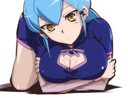 Rule 34 | 10s, 1girl, :o, blue hair, breasts, cardfight!! vanguard, cleavage cutout, clothing cutout, crossed arms, dress, gillian chen, hair ornament, hidaka kazuma, large breasts, long hair, looking at viewer, lying, on stomach, solo, top-down bottom-up, tsurime, yellow eyes