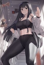 Rule 34 | 1girl, absurdres, bare shoulders, black eyes, black hair, black leggings, black pants, black shirt, breasts, clenched hand, closed mouth, commission, crop top, fighting stance, goback, hallway, hand up, highres, indoors, jacket, large breasts, leggings, long hair, long sleeves, looking at viewer, midriff, navel, novelpia, off shoulder, open clothes, open jacket, original, pants, shirt, sleeveless, sleeveless shirt, smile, solo, sports bra, standing, stomach, v-shaped eyebrows, very long hair, white jacket