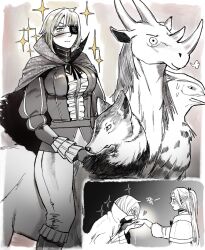 Rule 34 | black choker, blonde hair, cape, capelet, choker, co1fee, dungeon meshi, eyepatch, falin thorden, falin thorden (tallman), heart, high ponytail, highres, horseback riding, kiss, kissing hand, laios&#039; ideal chimera, long hair, marcille donato, monochrome, multiple heads, ponytail, riding, sparkle, spot color, wolf, yellow eyes, yuri