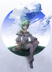 Rule 34 | 1girl, animal ears, blue eyes, blue sky, boots, closed mouth, cloud, cloudy sky, commentary request, dress, ear covers, frilled dress, frills, fur-trimmed footwear, fur trim, green hair, highres, horse ears, horse girl, long sleeves, on grass, on ground, outdoors, seiun sky (umamusume), short hair, shorts, single ear cover, sitting, sky, smile, solo, thigh strap, umamusume, white dress, white footwear, white shorts, yumemitsuki (hagakure)