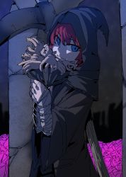 Rule 34 | 1girl, absurdres, bandaged arm, bandages, blue eyes, bouquet, closed mouth, crack, death (entity), eyes visible through hair, flower, highres, holding, holding bouquet, hood, hood up, long sleeves, medium hair, night, night sky, original, outdoors, purple flower, red hair, ruins, scythe, severed hand, sky, smile, solo, takoongyi, torn, torn clothes, weapon, weapon on back, wide sleeves