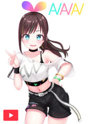 Rule 34 | 1girl, atg (wttoo0202), belt, black choker, black shorts, blouse, blue eyes, bracelet, brown hair, choker, collarbone, cowboy shot, hairband, hand on own hip, highres, jewelry, kizuna ai, kizuna ai inc., long hair, looking at viewer, midriff, multicolored hair, navel, official alternate costume, open mouth, shirt, shorts, simple background, smile, solo, standing, streaked hair, teeth, thighs, virtual youtuber, white background, white shirt