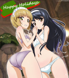 Rule 34 | 2girls, ass, back, black hair, blonde hair, blunt bangs, blurry, blurry background, bob cut, bow, bow panties, bra, breasts, brown eyes, christmas, close-up, closed mouth, commentary, cowboy shot, crotch seam, cutlass (girls und panzer), dated, datemaki 360, depth of field, english text, frown, girls und panzer, gluteal fold, grey panties, grin, groin, hairband, happy holidays, highres, holding hands, indoors, interlocked fingers, long hair, looking at viewer, looking back, multiple girls, navel, outline, panties, reizei mako, short hair, small breasts, smile, twitter username, underwear, underwear only, white bra, white hairband, white outline, yellow eyes