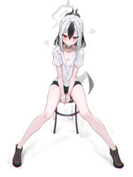 Rule 34 | 1girl, black choker, black footwear, black hair, black horns, black shorts, blue archive, breasts, chair, choker, cleavage, closed mouth, collarbone, commentary, full body, grey halo, halo, heart, hidulume, highres, horns, kayoko (blue archive), legs, looking at viewer, medium hair, multicolored hair, on chair, shirt, shoes, short sleeves, shorts, single wing, sitting, small breasts, smile, solo, thighs, two-tone hair, white hair, white shirt, wings