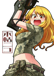 Rule 34 | 1girl, aono3, belt, black belt, black gloves, blonde hair, bullpup, butt crack, camouflage, camouflage pants, camouflage shirt, character name, commentary, elbow pads, fingerless gloves, from side, gloves, green pants, green shirt, gun, highres, holding, holding gun, holding weapon, kogarashi niko, long hair, looking at viewer, lowleg, lowleg pants, open mouth, p90, pants, personal defense weapon, pouch, red eyes, sagabe! panashi, shirt, short sleeves, smile, solo, standing, submachine gun, translated, upper body, v-shaped eyebrows, weapon, white background