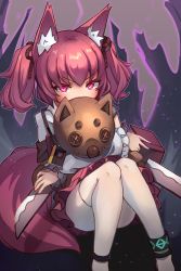 Rule 34 | 1girl, animal ear fluff, animal ears, arknights, book, commentary, covered mouth, feet out of frame, fox ears, highres, holding, holding book, knees up, long sleeves, looking at viewer, miya (miyaruta), hugging object, open book, pantyhose, pleated skirt, red eyes, red hair, red skirt, shamare (arknights), shirt, sitting, skirt, solo, stuffed animal, stuffed toy, twintails, v-shaped eyebrows, white pantyhose, white shirt