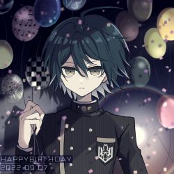 Rule 34 | 1boy, ahoge, balloon, black jacket, breast pocket, brown eyes, buttons, closed mouth, commentary request, danganronpa (series), danganronpa v3: killing harmony, dated, double-breasted, gradient background, hair between eyes, hand up, happy birthday, jacket, long sleeves, looking at viewer, mikao (eanv5385), pocket, saihara shuichi, short hair, solo, striped clothes, striped jacket, upper body