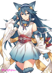 Rule 34 | 1girl, animal ears, bell, blue eyes, blue hair, bow, cat ears, cat tail, closed mouth, cosplay, detached sleeves, earrings, fingerless gloves, fire emblem, fire emblem awakening, fire emblem fates, fire emblem heroes, fur collar, fur trim, ge-b, gloves, hair between eyes, hairband, japanese clothes, jewelry, jingle bell, kimono, long hair, looking at viewer, lucina (fire emblem), multiple tails, nekomata, nintendo, obi, sakura (fire emblem), sakura (fire emblem) (cosplay), sash, short kimono, simple background, single earring, smile, solo, tail, tail bell, tail bow, tail ornament, thighhighs, tiara, two tails, white background, zettai ryouiki