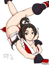 Rule 34 | 1girl, arm support, ass, breasts, brown eyes, brown hair, cleavage, fatal fury, feet, fingerless gloves, gloves, highres, large breasts, legs, long hair, lying, on stomach, ponytail, shihu zou, shiranui mai, smile, snk, solo, the king of fighters, the pose, thighs