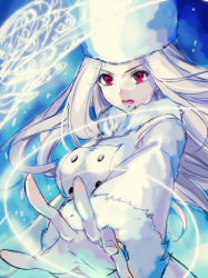 Rule 34 | 1girl, coat, fate/zero, fate (series), floating hair, fur-trimmed coat, fur-trimmed collar, fur-trimmed sleeves, fur trim, hat, irisviel von einzbern, long hair, long sleeves, lowres, open mouth, outstretched arm, outstretched hand, red eyes, shida (xwheel), silver hair, solo, upper body, very long hair, white coat, white hat
