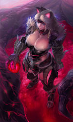 Rule 34 | 1girl, animal ears, armor, blood, blood splatter, blue eyes, boots, breasts, capcom, cleavage, dripping, from above, fujiwara hisashi, fur, fur trim, gauntlets, highres, jewelry, jpeg artifacts, large breasts, lips, monster hunter (series), monster hunter 3 g, necklace, revision, smile, solo, stygian zinogre (armor), white hair, zinogre (armor)