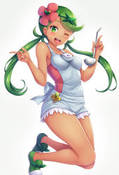 Rule 34 | 1girl, ;d, bare arms, bare shoulders, blush, breasts, collarbone, creatures (company), dark-skinned female, dark skin, eyelashes, fingernails, flower, game freak, green eyes, green hair, hair flower, hair ornament, highres, holding, jumping, ladle, long hair, looking at viewer, mallow (pokemon), medium breasts, nintendo, one eye closed, open mouth, pokemon, pokemon sm, simple background, smile, solo, swept bangs, teeth, tongue, trial captain, twintails, white background, yuki usagi (snowcanvas)