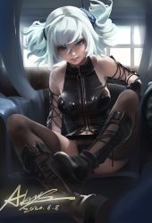 Rule 34 | 1girl, absurdres, abys, bare shoulders, blue eyes, blue hair, boots, breasts, girls&#039; frontline, grin, heart, heart-shaped pupils, high collar, highres, light blue hair, looking at viewer, medium breasts, navel, pa-15 (girls&#039; frontline), parted lips, shiny clothes, skindentation, smile, solo, symbol-shaped pupils, thighhighs, twintails