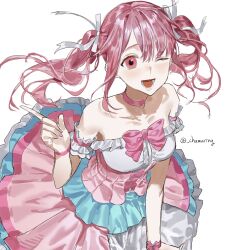 Rule 34 | absurdres, arm ribbon, bang dream!, bare shoulders, bow, chamuring, choker, circle skirt, dress, floating hair, frilled dress, frills, from above, hair ribbon, highres, idol, index finger raised, leaning forward, looking at viewer, lower teeth only, maruyama aya, one eye closed, parted bangs, pink bow, pink choker, pink dress, pink eyes, pink hair, ribbon, simple background, smile, solo, teeth, twintails, twitter username, upper body, white ribbon, wrist ribbon