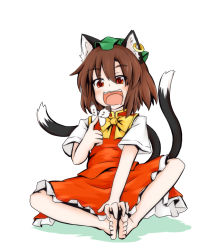 Rule 34 | 1girl, :d, animal ears, brown hair, bug, butterfly, butterfly sitting, cat ears, cat tail, chen, frilled skirt, frills, insect, kuroneko (kuroi-neko), multiple tails, open mouth, red eyes, shirt, short hair, short sleeves, sitting, skirt, smile, tail, touhou, two tails, vest