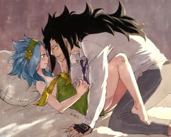 Rule 34 | 1boy, 1girl, bad id, bad tumblr id, barefoot, bed, black hair, blue hair, couple, dress, eye contact, fairy tail, fingerless gloves, gajeel redfox, gloves, hetero, holding hands, imminent penetration, levy mcgarden, looking at another, off shoulder, piercing, reclining, rusky, smile, spiked hair, tears