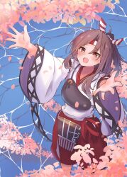 Rule 34 | 1girl, 702 (naotsu), absurdres, apron, brown eyes, brown hair, cherry blossoms, commentary request, feet out of frame, flight deck, hachimaki, hakama, hakama shorts, headband, high ponytail, highres, japanese clothes, kantai collection, muneate, red shorts, shorts, smile, solo, striped headband, water, zuihou (kancolle)