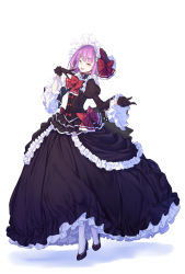 Rule 34 | 1girl, arm up, black dress, black gloves, blush, bonnet, bow, breasts, closed eyes, coffeekite, dress, fate/grand order, fate (series), frills, full body, gloves, helena blavatsky (fate), helena blavatsky (tour outfit) (fate), highres, juliet sleeves, long sleeves, open mouth, pantyhose, puffy sleeves, purple hair, red bow, short hair, small breasts, smile, solo, wide sleeves