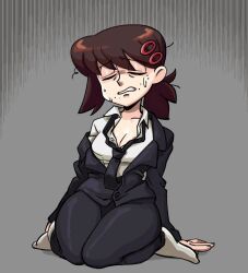 Rule 34 | 1girl, black jacket, black necktie, black pants, breasts, brown hair, chainsaw man, cleavage, closed eyes, collared shirt, exhausted, formal, hair ornament, hairclip, higashiyama kobeni, highres, jacket, madamerinrin, medium breasts, messy hair, mole, mole on cheek, mole under eye, mole under mouth, multiple moles, necktie, off shoulder, pants, parody, parted lips, partially unbuttoned, shirt, shirt tucked in, short hair, short ponytail, side ponytail, single sidelock, sitting, skullgirls, solo, style parody, suit, suit jacket, sweat, thick thighs, thighs, wariza, white shirt