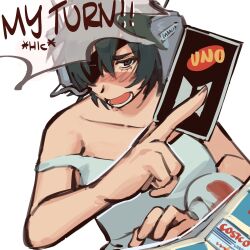 Rule 34 | 1girl, bangtan boys, black hair, blush, card, card game, chainsaw man, costco, drunk, eyepatch, green eyes, highres, himeno (chainsaw man), holding, holding card, liowig, makeshift headset, medical eyepatch, meme, off shoulder, open mouth, playing, short hair, simple background, solo, tank top, uno (game), white background, white tank top, yu-gi-oh!