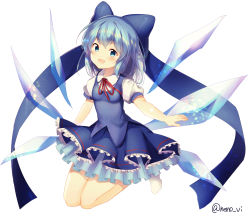 Rule 34 | 1girl, absurdres, blue bow, blue eyes, blue hair, bow, cirno, hair bow, highres, ice, ice wings, kneeling, looking at viewer, nenobi (nenorium), open mouth, puffy short sleeves, puffy sleeves, red ribbon, ribbon, short sleeves, simple background, solo, touhou, twitter username, white background, wing collar, wings