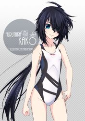 Rule 34 | 1girl, ahoge, anchor symbol, arms at sides, artist name, black hair, blue eyes, character name, checkered background, collarbone, commentary request, competition swimsuit, contrapposto, cowboy shot, eyes visible through hair, flat chest, gradient background, grey background, hair between eyes, hair ornament, hairclip, hand on own hip, inaba shiki, kako (kancolle), kantai collection, logo, long hair, looking at viewer, messy hair, multicolored clothes, multicolored swimsuit, one-hour drawing challenge, one-piece swimsuit, parted bangs, ponytail, simple background, smile, solo, swimsuit