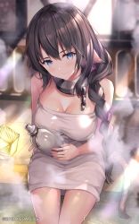 Rule 34 | 1girl, animal ears, aquaplus, black hair, blue eyes, blush, bottle, braid, breasts, chain, cleavage, closed mouth, collar, female focus, from above, highres, karulau, large breasts, lips, long hair, looking at viewer, official art, onsen, rin7914, rin yuu, sake bottle, sitting, smile, solo, steam, tail, thighs, towel, towel over breasts, utawarerumono, utawarerumono: itsuwari no kamen, utawarerumono: lost flag, water