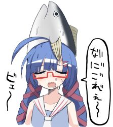 Rule 34 | 1girl, ahoge, alternate headwear, blue hair, blush, closed eyes, cropped torso, crying, disgust, dripping, facing viewer, fang, fish hat, furrowed brow, glasses, hair ornament, hairclip, long hair, low twintails, oboroge faint, open mouth, otomachi una, otomachi una (talkex), parody, red-framed eyewear, semi-rimless eyewear, skin fang, solo, talkex, translation request, twintails, vocaloid, wet face, white background