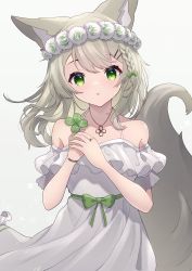 Rule 34 | 1girl, :o, absurdres, animal ears, blush, bow, bracelet, braid, brown hair, clover, collarbone, cowboy shot, dress, four-leaf clover, fox ears, fox girl, fox tail, green bow, green eyes, green nails, hair bow, head wreath, highres, hinata (user rjkt4745), holding, jewelry, long hair, looking at viewer, nail polish, necklace, original, parted lips, ring, short sleeves, side braid, solo, tail, white dress