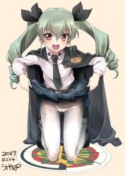 Rule 34 | 10s, 1girl, 2017, anchovy (girls und panzer), artist name, belt, black footwear, black skirt, blush, brown eyes, cape, clothes lift, dated, dress shirt, drill hair, emblem, full body, girls und panzer, green hair, groin, hair ornament, hair ribbon, holding, holding clothes, holding skirt, kneeling, lifted by self, loafers, long hair, long sleeves, looking at viewer, miniskirt, necktie, open mouth, orange background, panties, panties under pantyhose, pantyhose, pantyshot, pleated skirt, ribbon, school uniform, shirt, shoes, signature, simple background, sitting, skirt, skirt lift, smile, solo, twin drills, twintails, ugeppa, underwear, uniform, v-shaped eyebrows, white pantyhose, white shirt