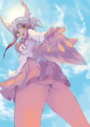 Rule 34 | 10s, 1girl, :o, ass, bird tail, bird wings, blue sky, commentary request, cowboy shot, day, empty eyes, eyes visible through hair, floating hair, foreshortening, frilled sleeves, frills, from behind, from below, fur collar, gloves, hand on own chest, head wings, japanese crested ibis (kemono friends), kamakura (clupeoidei), kemono friends, long hair, long sleeves, looking at viewer, looking back, looking down, miniskirt, multicolored hair, neck ribbon, open mouth, outdoors, outstretched arm, outstretched hand, pantyhose, pleated skirt, reaching, reaching towards viewer, red gloves, red hair, red pantyhose, ribbon, sidelocks, skirt, sky, solo, spread fingers, sun, tail, twisted torso, two-tone hair, upskirt, white hair, wings, yellow eyes