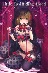 Rule 34 | 1girl, absurdres, argyle, bare shoulders, bdsm, black bra, black thighhighs, bow, bowtie, bra, breasts, brown hair, cleavage, collar, commentary request, curtains, garter straps, glint, green eyes, hair bow, halterneck, heart, heart-shaped pillow, highres, hoshina meito, large breasts, leash, lingerie, little red riding hood, looking at viewer, mouth hold, navel, pillow, red bow, red ribbon, revision, ribbon, short hair, slave, solo, stomach, thighhighs, underwear, veil, wrist cuffs